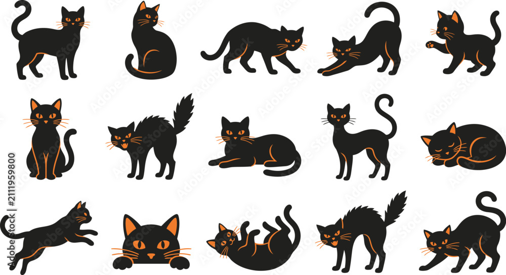 Obraz premium Set of various black cats in different poses isolated on white background for spooky halloween holiday design projects