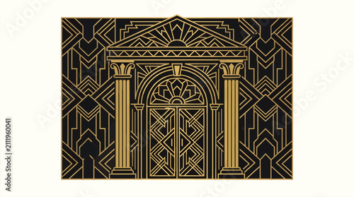 Stylized Opulent Art Deco Theatre Entrance Vector Illustration with Gold Geometric Patterns on Black Background, Grand Archway and Columns, Elegant Design Element