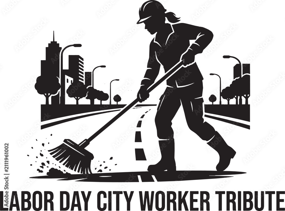 Obraz premium Black and white silhouette of a city worker sweeping the street for labor day celebration Vector