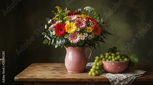 Vibrant mixed flower bouquet in rustic pink pitcher with fresh grapes in bowl on wooden table