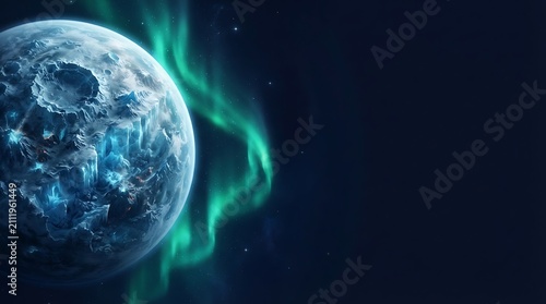 Icy Frozen Planet with Northern Lights in Outer Space Digital Illustration