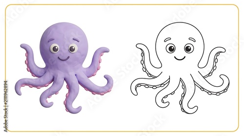 Playful Clay Purple Octopus Character with Cute Expression and Cartoon Drawing