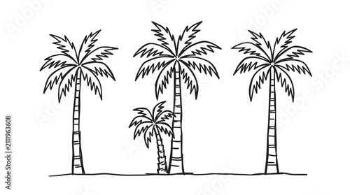 Minimalist Black and White Palm Tree Sketch Featuring Tall and Short Tropical Trees on Flat Ground for Coastal Decor and Summer Graphic Design Projects