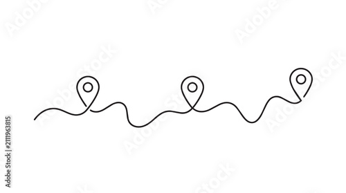 Minimalist Continuous Line Drawing Depicting A Journey Path With Three Sequential Destination Map Markers Linked By A Wavy Path Vector Graphic Design Element For Navigation Concepts On White