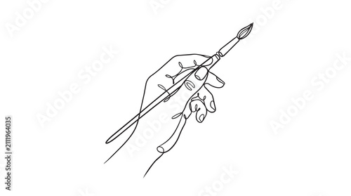 Minimalist Continuous Line Drawing Of Human Hand Holding A Fine Art Paintbrush Expressing Creativity And Artistic Expression In Black Ink On A Pure White Background For Graphic Design And Creative