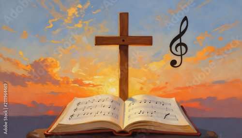 Religious music concept with wooden cross hymnal and treble clef