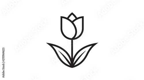 Minimalist Tulip Flower Vector Icon Featuring Bold Black Outlines On Clean White Background For Botanical Design And Spring Concept Elements