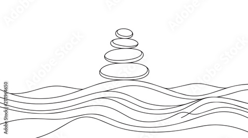 Minimalist Zen Stone Stacking Illustration Featuring Flowing Wave Lines For Meditation Concept Design In Black And White Vector Style For Wellness Branding And Holistic Decor Applications And Graphic