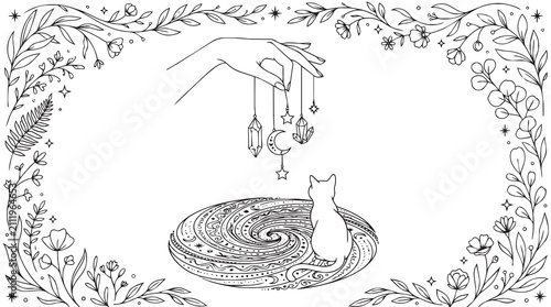 Mystical Line Art Illustration Featuring A Witchy Hand Holding Celestial Charms Above A Sitting Cat On A Whimsical Swirling Portal Surrounded By An Elegant Botanical Flower Frame Design For Esoteric