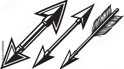 Vintage Hand Drawn Archery Arrow Collection Featuring Stylized Broadhead Tips and Detailed Fletching Feathers for Hunting Sports Branding Elements Isolated on Plain White Background in High Contrast