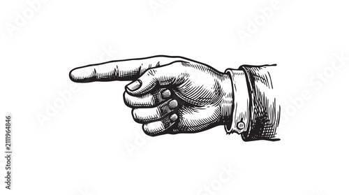Vintage Pointing Hand Illustration Featuring Intricate Black Ink Hatching Lines Isolated on White Background for Directional Signage and Editorial Concept Symbols Showing Direction and Navigation