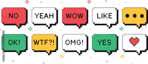 Obraz na płótnie Set of pixel art speech bubbles with text, chat message boxes, comic book style