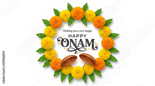 Onam pookalam flower wreath PNG with marigold flowers, green leaves, traditional umbrellas, and Happy Onam text isolated on white background. Ai Generated
