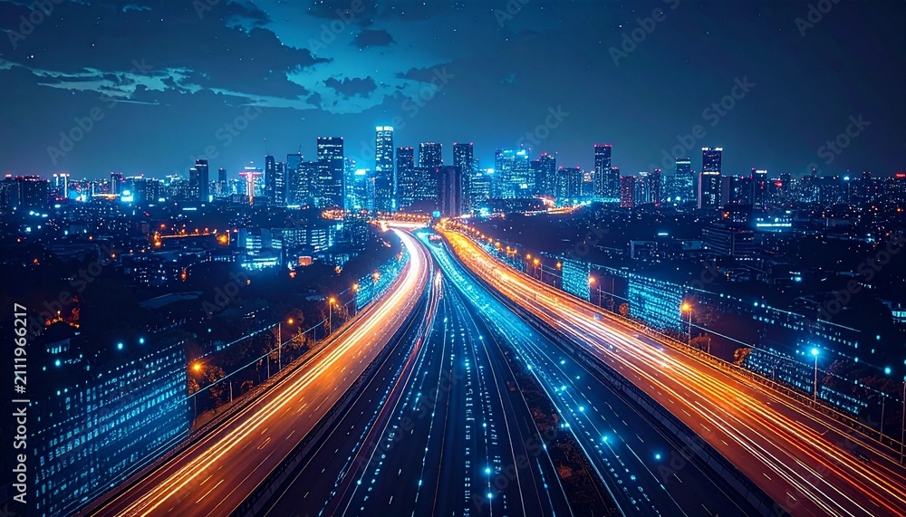 Obraz premium Routes illuminated, destinations marked in digital light…