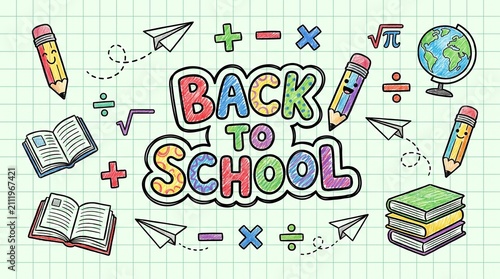 Colorful back to school banner with hand drawn education supplies and math symbols