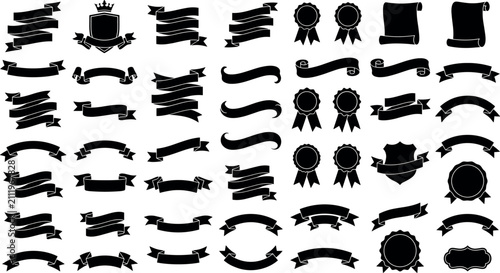 Cuadro en lienzo Vintage black ribbon banner silhouette collection with shield crest badges scrol