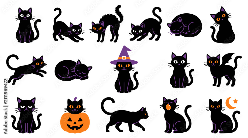 Obraz premium Minimalist halloween black cat icon set featuring simple silhouettes for spooky holiday designs and festive autumn decorations