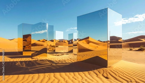 Surreal desert landscape with mirrored cubes.