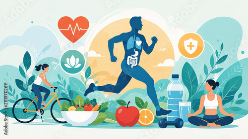 Healthy Lifestyle Concept with Exercise, Balanced Diet, Hydration, Yoga, and Preventif Healthcare Flat Vector Illustration
