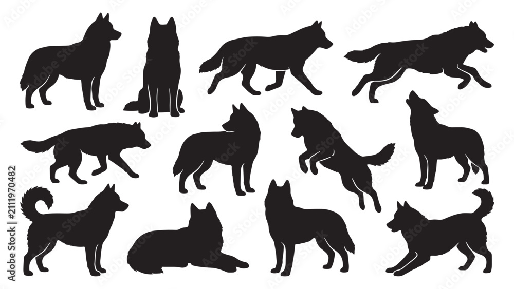 Fototapeta premium Siberian Husky Dog Silhouette Bundle | 10 Black Vector Husky Poses Collection