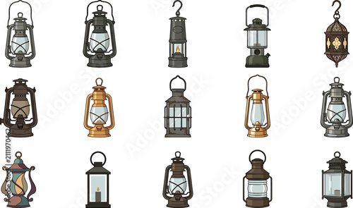 Cuadro en lienzo Vintage lantern vector illustration collection featuring rustic kerosene lamps a