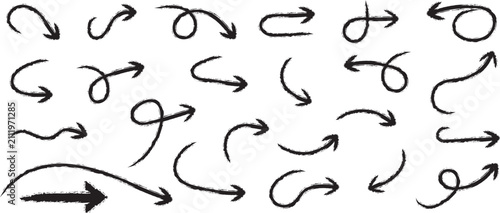 Hand drawn doodle Arrows line icons Curved cartoon arrows sketches collection Vector illustrations.,
