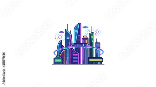 Foto Modern Cityscape with Futuristic Skyscrapers and Sky Bridges.