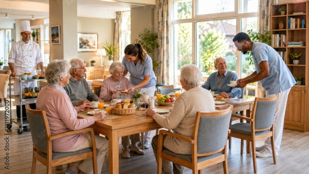 Fototapeta premium Breakfast Service and Caregiver Support in a Nursing Home Dining Room