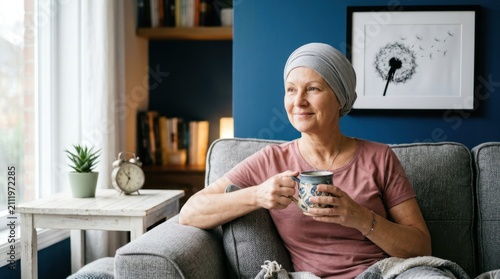 A resilient mature woman with cancer wearing a headscarf sits on a sofa holding a mug of tea looking out the window with a hopeful expression representing strength during medical recovery at home area