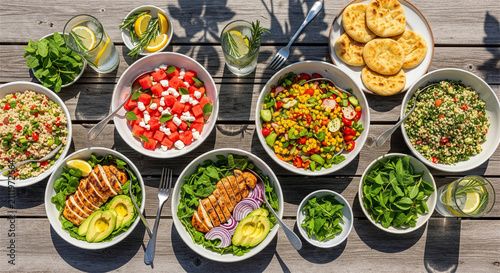 Summer garden party food spread on wooden table, healthy mediterranean lunch with grilled chicken and fresh salads, outdoor dining feast