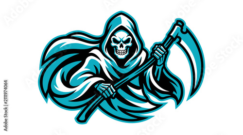 Grim Reaper mascot logo with blue hood and scythe.