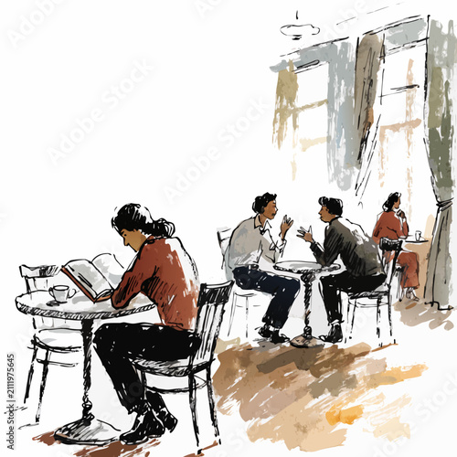 Cozy Cafe Interior with Warm Lighting and Gouache Illustration Style