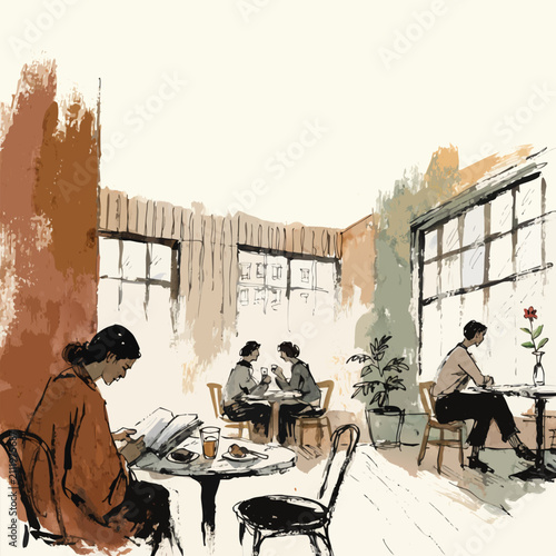 Cozy Cafe Interior with Warm Lighting and Artistic Gouache Style