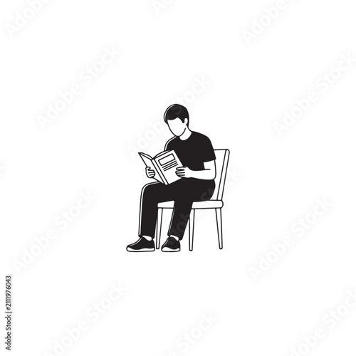 Man reading a book sitting on a chair with education literature learning knowledge research intellectual lifestyle academic textbook character illustration silhouette university bookworm