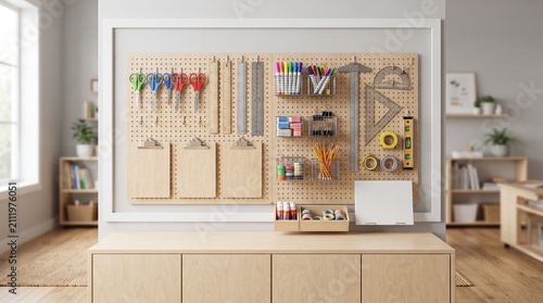 Organized wooden pegboard wall with stationery tools, scissors, rulers, and craft supplies mounted in a creative home office workspace, providing a clean and professional atmosphere for efficient work