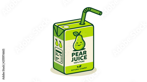 Cartoon pear juice box illustration with a straw.