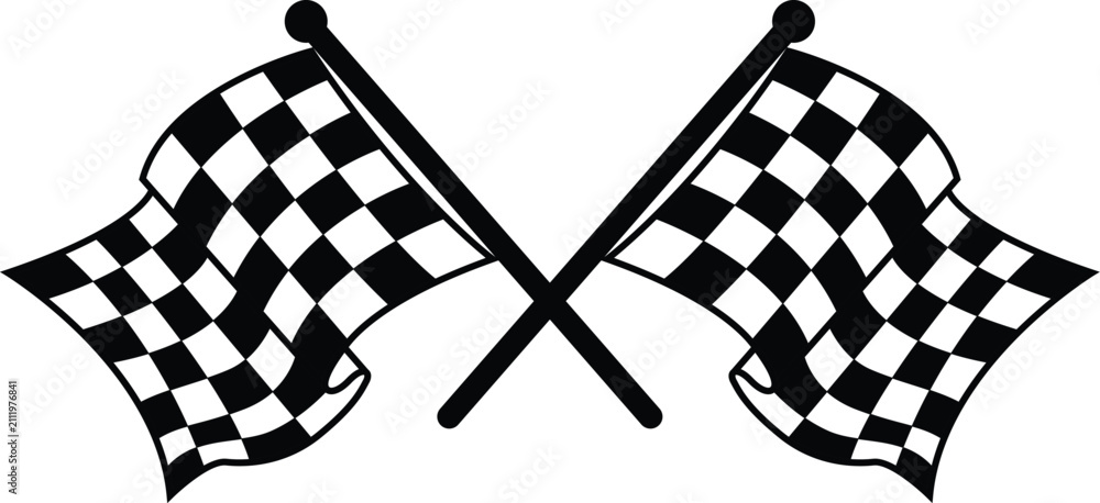 Obraz premium crossed checkered racing flags vector icon, black and white finish line flag graphic for motorsport, auto racing, and competition symbol