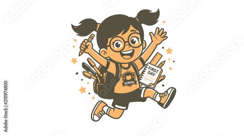 Happy young student girl jumping with school backpack and stationery supplies.