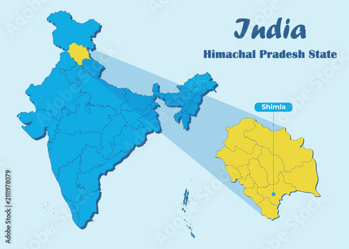 Himachal Pradesh state highlighted in yellow in Indian map with editable vector illustration. Political map showing the location of Himachal Pradesh with Shimla marked, suitable for education, travel.