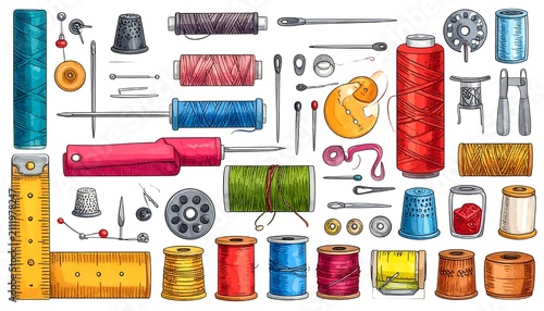 Colorful office supplies arranged on desk surface.