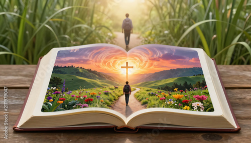 Open Bible with illustration of a person walking toward a cross