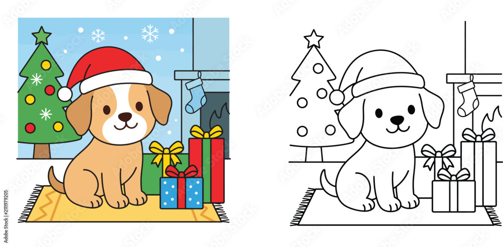 Fototapeta premium Cute Christmas Puppy in Santa Hat with Present Boxes and Christmas Tree, Colored Vector Illustration and Black Line Art Coloring Page Outline for Kids Activity