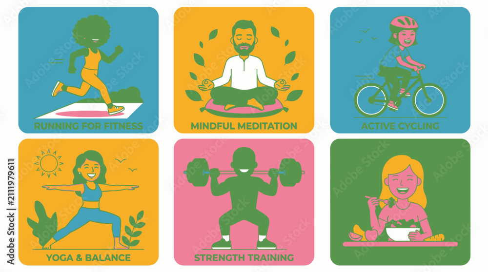 Fototapeta premium Set of six vibrant flat illustrations depicting healthy lifestyle activities and fitness routines.