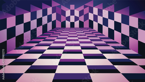 Abstract geometric floor pattern with purple and black checkerboard perspective abstract geometric checkerboard perspective illusion background backdrop symmetry creative illustration