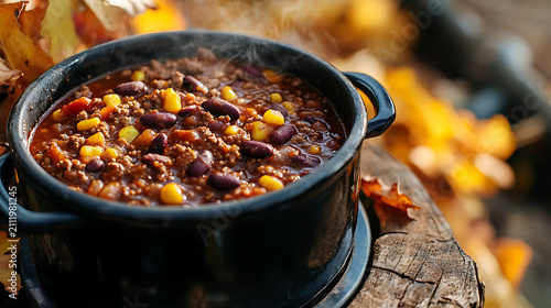  Hot homemade chili stew with beans and meat cooking in black cast iron pot