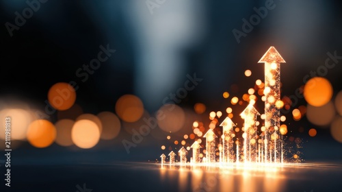 Bright glowing upward arrows represent growth and success, conveying financial prosperity and positive trends in a modern business environment with bokeh background