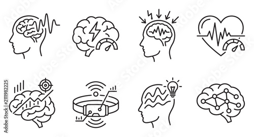 Human head profile brain activity medical sensors and cognitive function icons vector set.