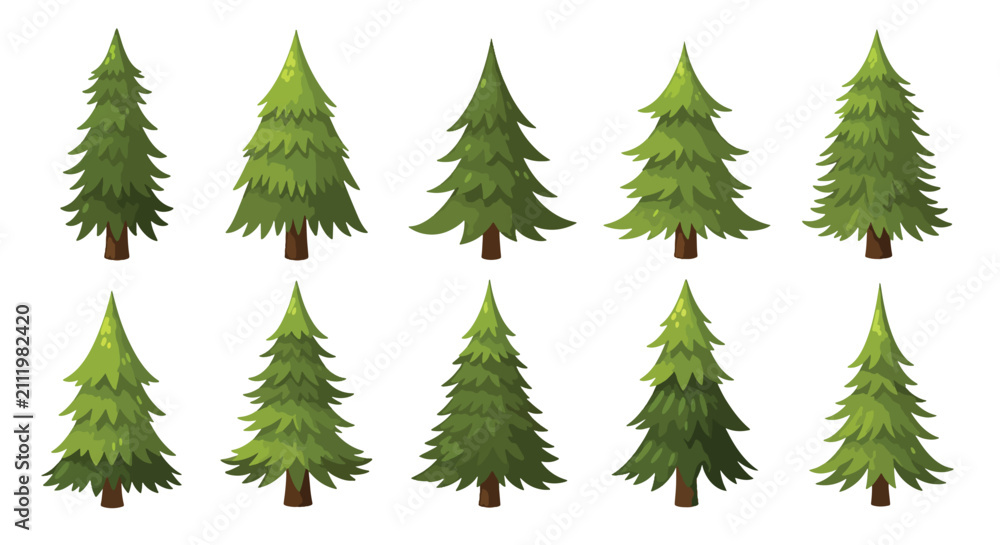 Obraz premium Bright green pine tree silhouettes against white background.