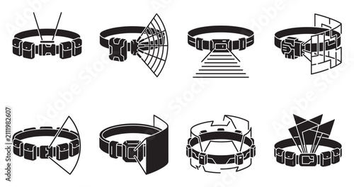 Set of black stylized utility belt icons with various gadgets and tools.