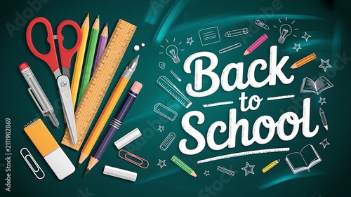Back to school supplies on chalkboard background